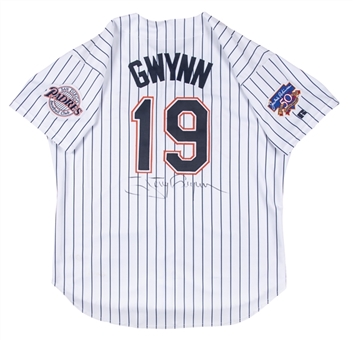 1997 Tony Gwynn Game Used & Signed San Diego Padres Pinstripe Home Jersey With Jackie Robinson 50th Anniversary Patch (Gwynn Family LOA)
